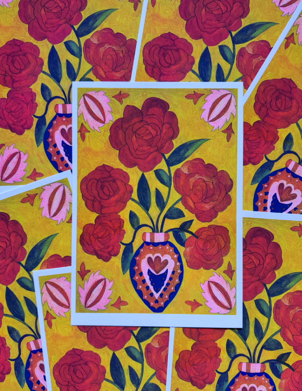 A4 FLORAL RISOGRAPH PRINT IN YELLOW AND RED