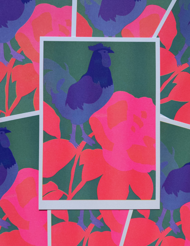 GREEN RISOGRAPH PRINT WITH ROOSTER AND ROSE PRINT