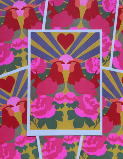 NEON RISOGRAPH PRINT WITH 2 ROOSTERS AND A HEART
