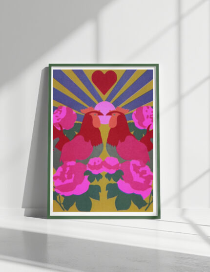 ROOSTEER RISOGRAPH PRINT IN A GREEN FRAME