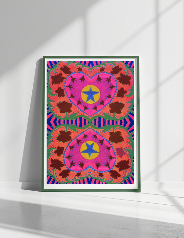 Colourful pattern with stars, flowers, hearts and stripes