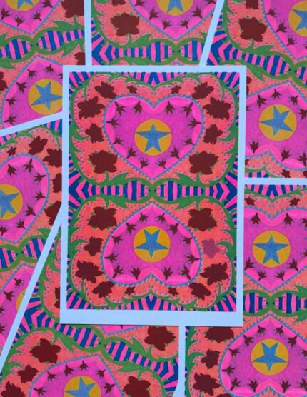 Bright print with stars, roses, hearts in multiple colours